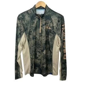 Huk 1/4 Zip Pullover Shirt Mens Green‎ Camo Performance Fishing Outdoors Camping